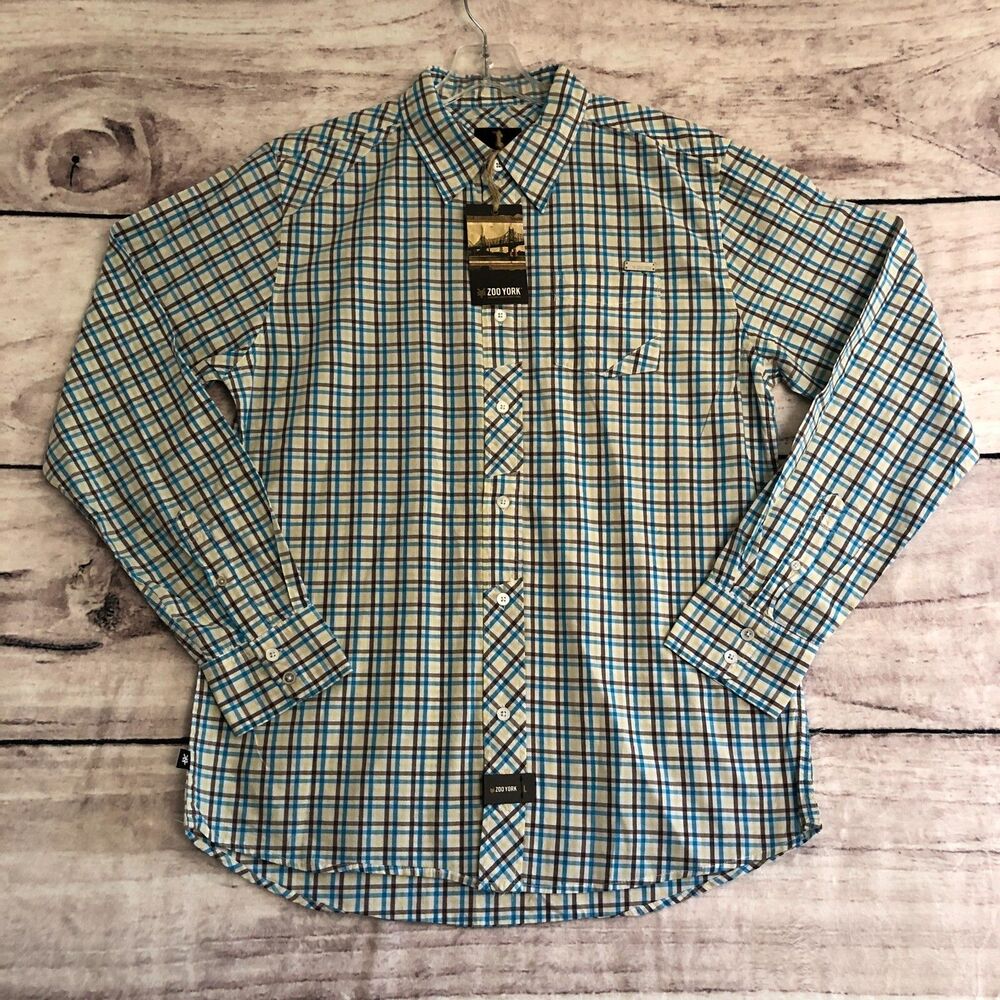 Zoo York Button Up Shirt L Mens Blue Yellow Plaid Long Sleeve Y2K Skater New